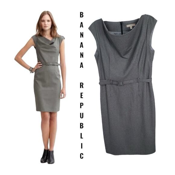 Banana Republic Dress Women's SZ 2 Black Gray Herringbone Check Lined Belted - Picture 1 of 10